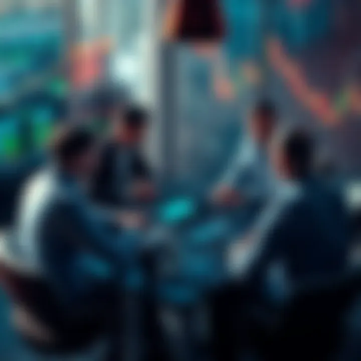 A group of people exchanging trading ideas and strategies around a table with laptops and charts
