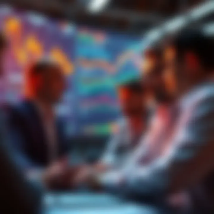A group of traders discussing market strategies with charts and graphs on a screen
