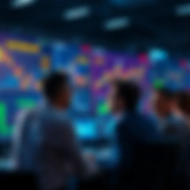 People engaging in a trading discussion with charts and graphs visible on screens.