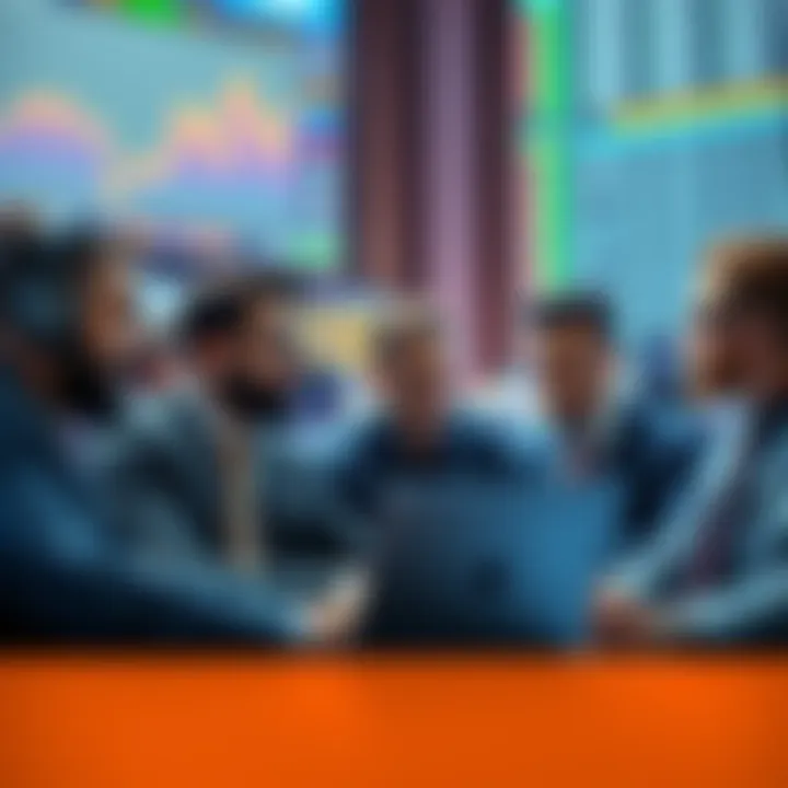 Group of traders participating in an animated online discussion about market trends and strategies.