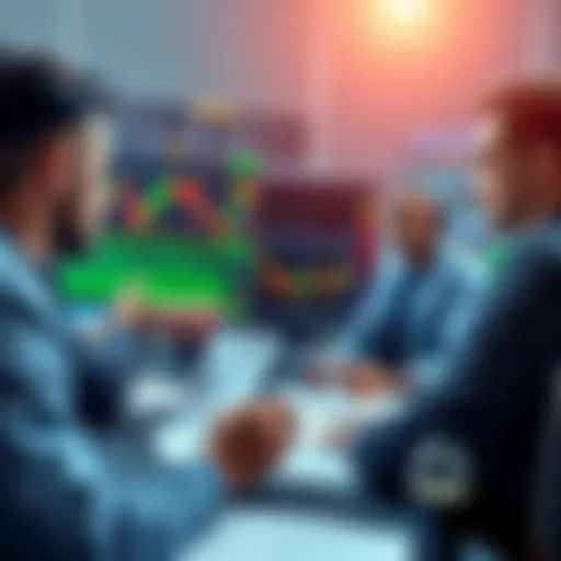 People engaging in a trading discussion with charts and notes around them