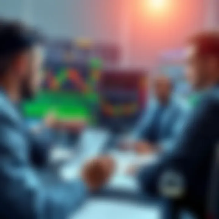 People engaging in a trading discussion with charts and notes around them