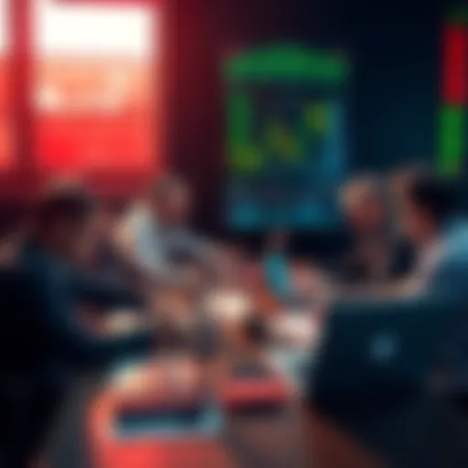 A group of people discussing trading strategies and ideas around a table with charts and laptops.