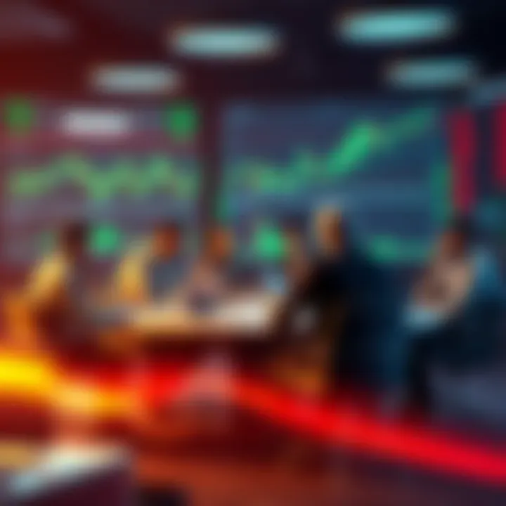 A group of traders discussing market strategies and exchanging tips at a round table with charts and graphs in the background.