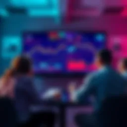 A group of people engaged in a discussion about trading strategies with charts and graphs on a screen.