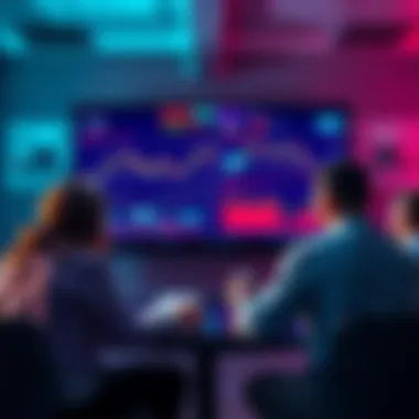 A group of people engaged in a discussion about trading strategies with charts and graphs on a screen.