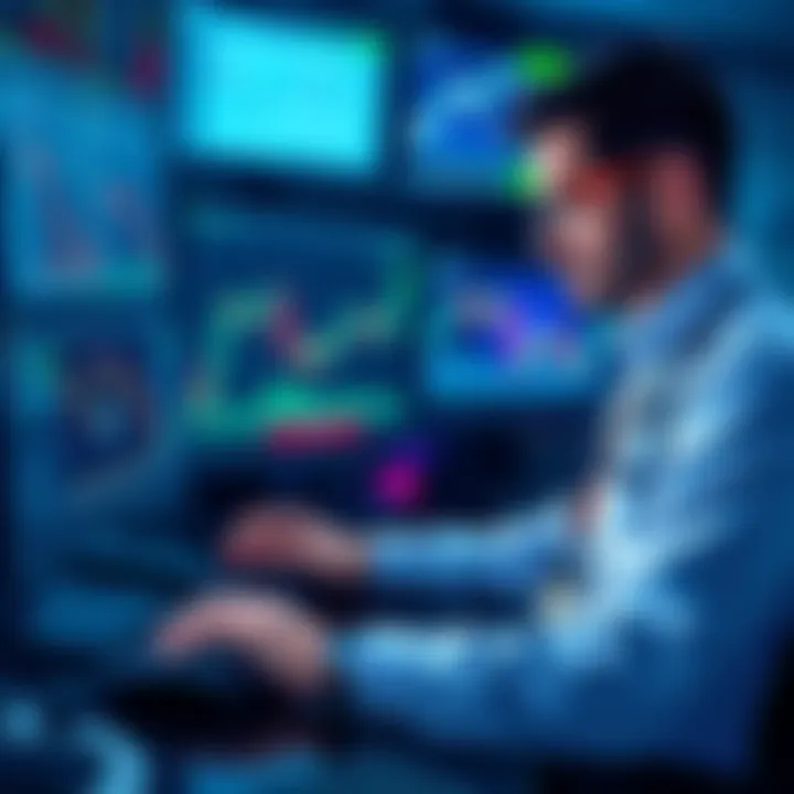 An illustration showing a trader analyzing charts and graphs related to leverage in trading, with a focus on risk management and liquidation stop losses.