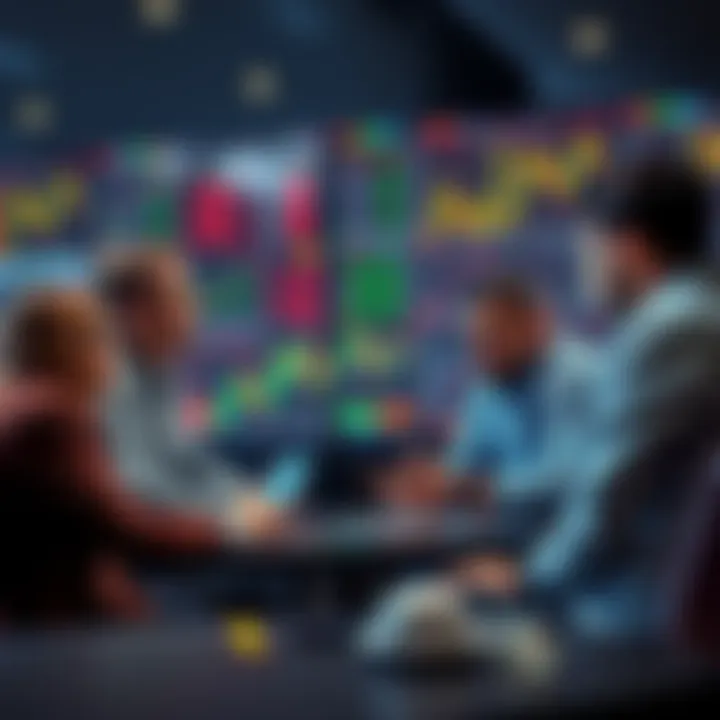 A group of people engaged in a lively discussion about trading strategies and ideas, with charts and graphs displayed in the background.