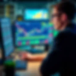 Trading Strategy Visualization A trader analyzing graphs and charts on a computer screen, focusing on spot positions and asset management.