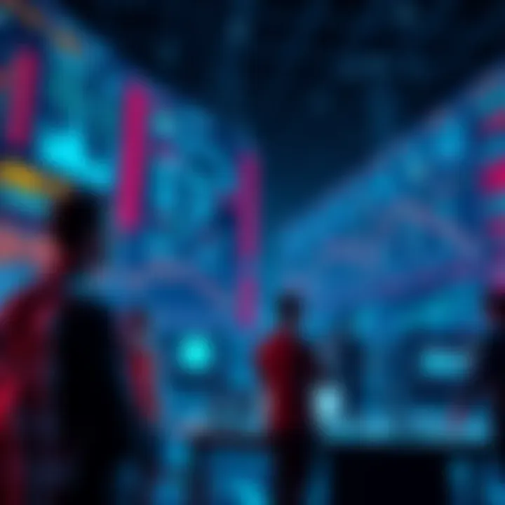 People engaging in trading AI prediction contracts with graphs and data in the background