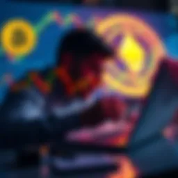 A person analyzing cryptocurrency charts on a laptop with Bitcoin and Ethereum symbols in the background