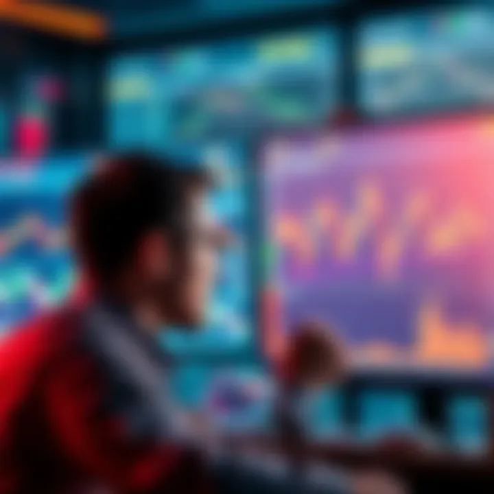 A trader analyzing charts on two screens showing BitMEX and Binance platforms for derivatives trading