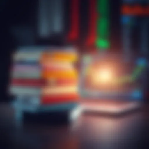 A stack of trading books and a laptop displaying stock charts, representing a person's quest for trading knowledge and skills improvement.