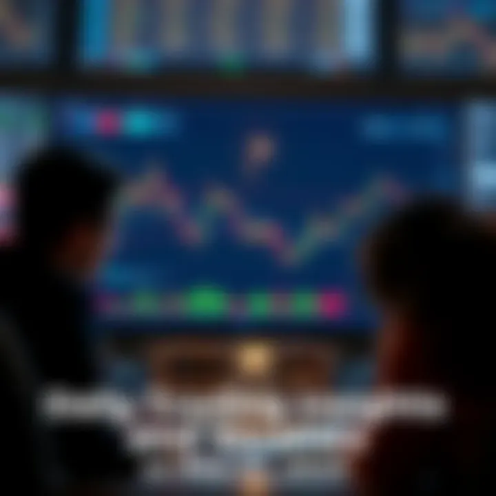 A detailed trading chart showing various indicators and patterns, surrounded by people discussing strategies and insights.