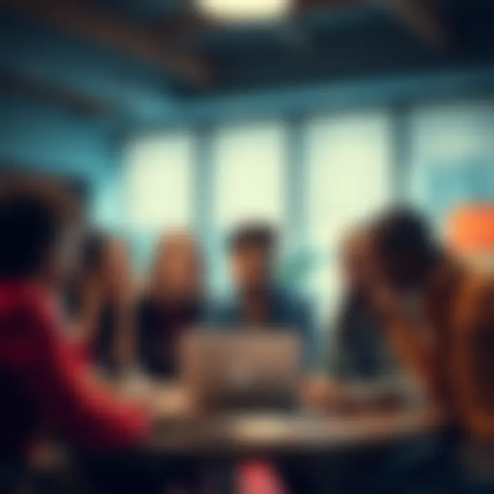 A group of diverse people gathered around a laptop, sharing insights about paid trading communities in a casual setting.