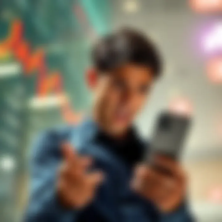 A person struggling to trade on a smartphone with a curved screen while looking frustrated about their finances