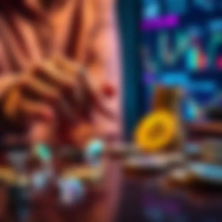A person placing diamond rings and AB tokens on a table while looking at alternative investment options like cryptocurrency and stocks, illustrating a shift in personal value and investment choices.