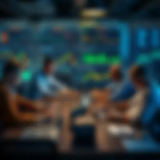 A group of traders sharing ideas and strategies at a table with charts and laptops.