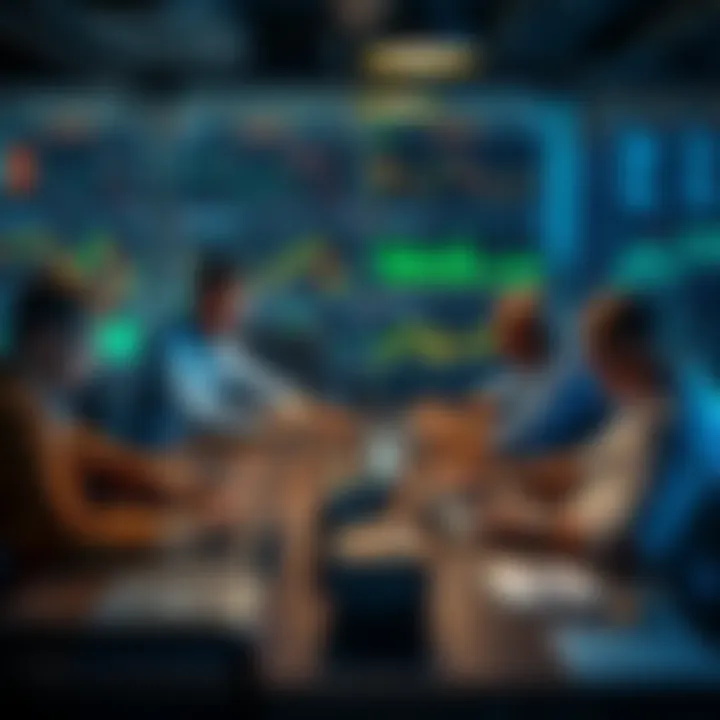 A group of traders sharing ideas and strategies at a table with charts and laptops.