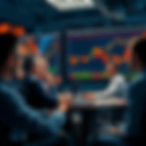 A group of people engaging in a lively discussion about trading strategies and market trends, with graphs and charts on a screen in the background.
