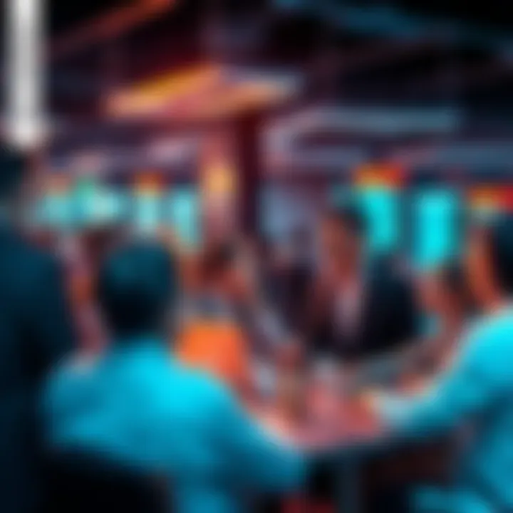 Trading Discussion Graphic A group of people engaged in a lively discussion about trading strategies and market analysis.