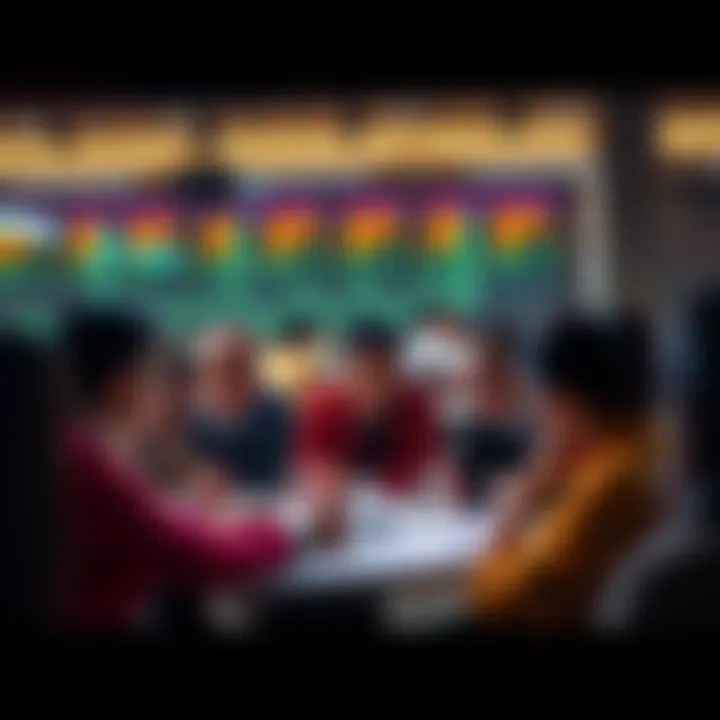 A diverse group of people engaged in a discussion about trading strategies and market analysis in a friendly setting.