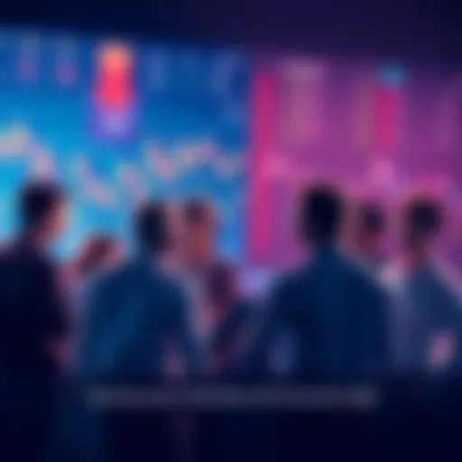 A group of people engaging in a discussion about trading strategies and insights, with charts and graphs in the background.