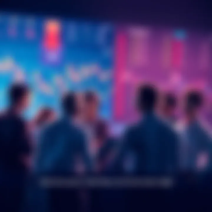 A group of people engaging in a discussion about trading strategies and insights, with charts and graphs in the background.