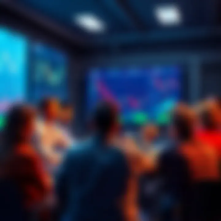 A group of people engaged in a lively discussion about trading strategies and market insights, with charts and graphs on a screen in the background.