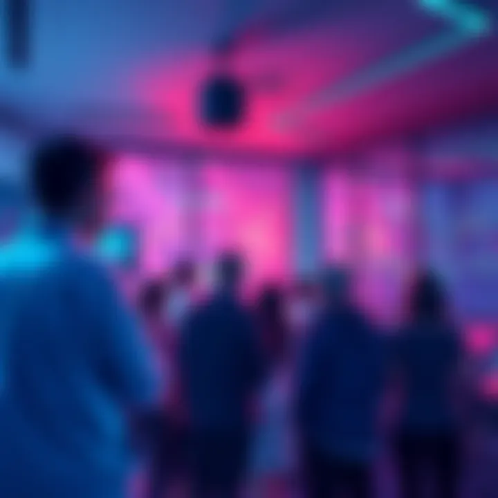 People chatting about trading strategies and current events with vibrant graphics