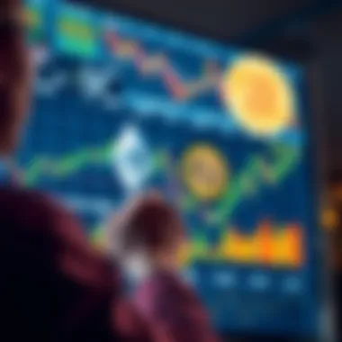 A person considering trading Ethereum for Bitcoin on a digital screen, showing price charts for both cryptocurrencies.