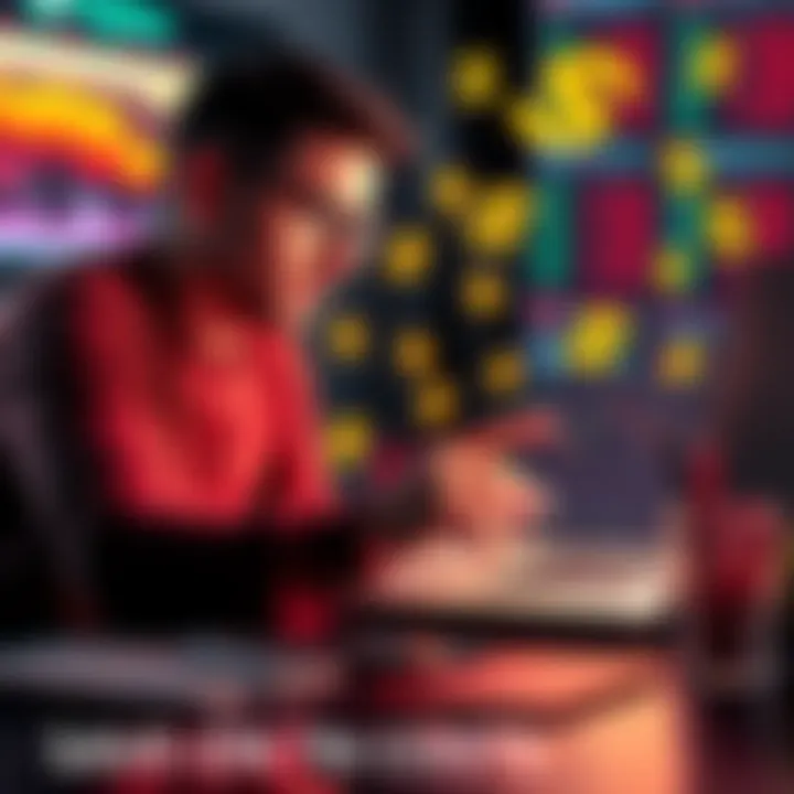 Trading Fees Strategies A person analyzing trading fees on a laptop with dollar signs around, contemplating a $299/month plan to save on costs.
