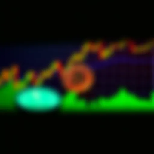 Trading graph with declining volume A graph showing a downward trend in trading volume with a digital currency symbol, representing VTC, in the foreground