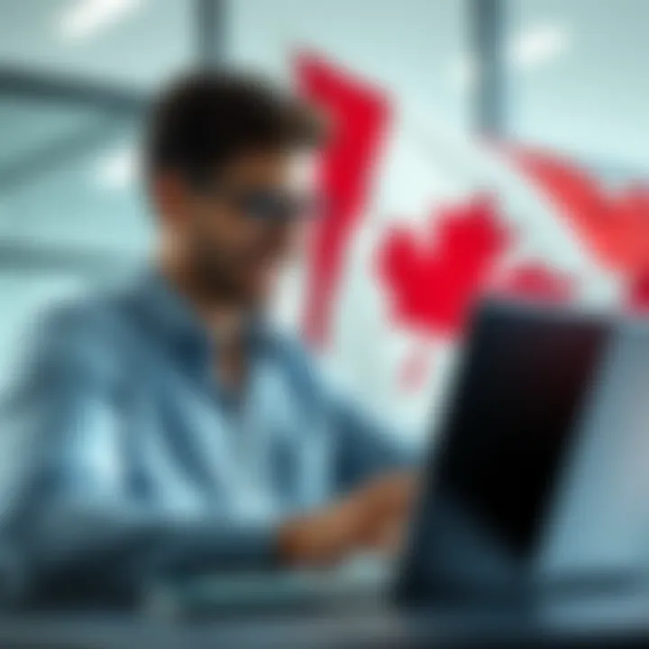 A Canadian trader using Hyperliquid on a laptop, looking pleased with easy access, with a Canadian flag in the background.