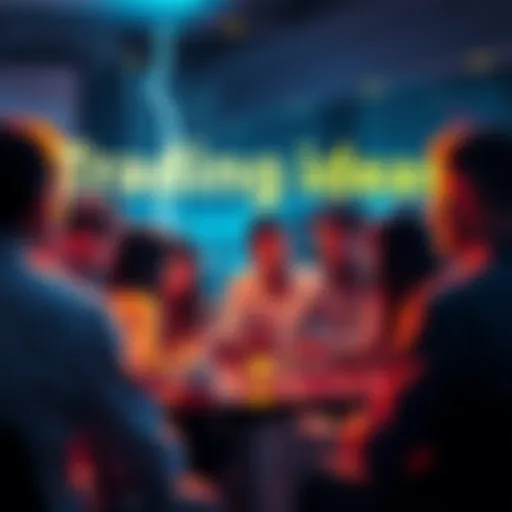 A group of people engaged in a lively discussion about trading ideas and strategies, with visual elements representing the Lightning Network.