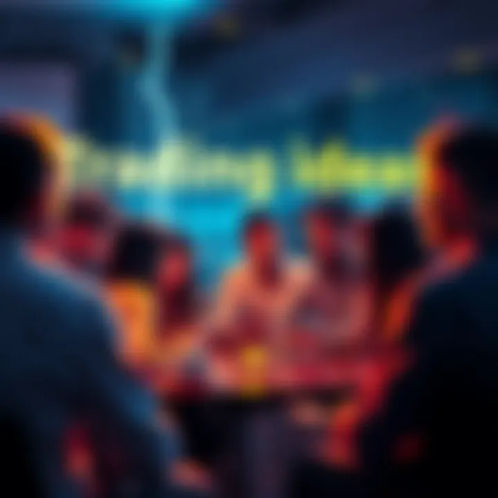 A group of people engaged in a lively discussion about trading ideas and strategies, with visual elements representing the Lightning Network.