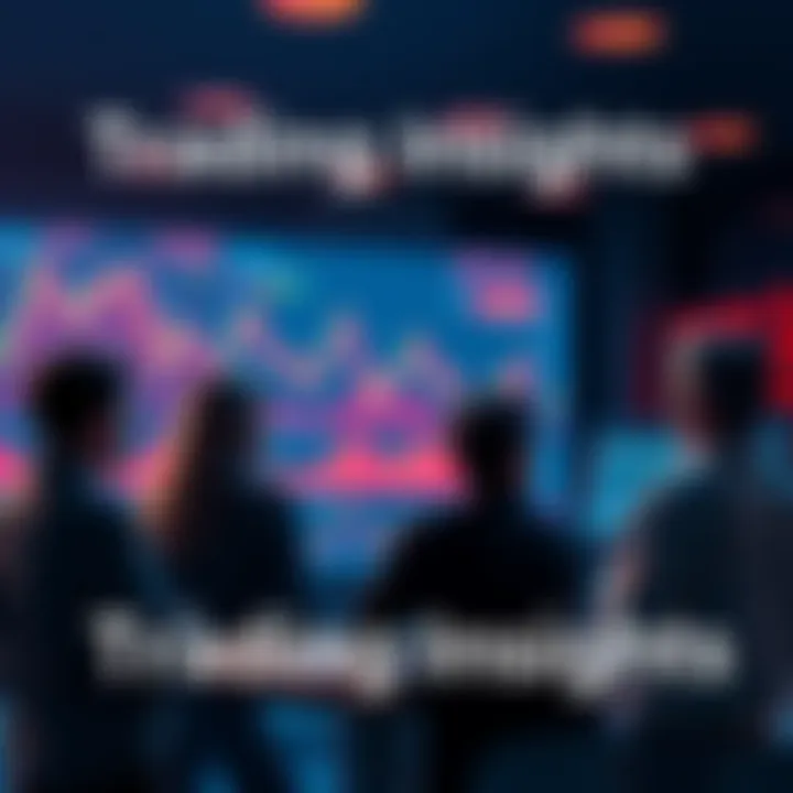 A group of people engaging in a discussion about trading strategies and market trends, with charts and graphs visible on a screen in the background.