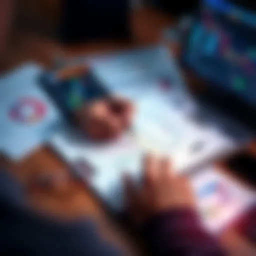 A trader writing in a journal with trading charts and graphs on a desk
