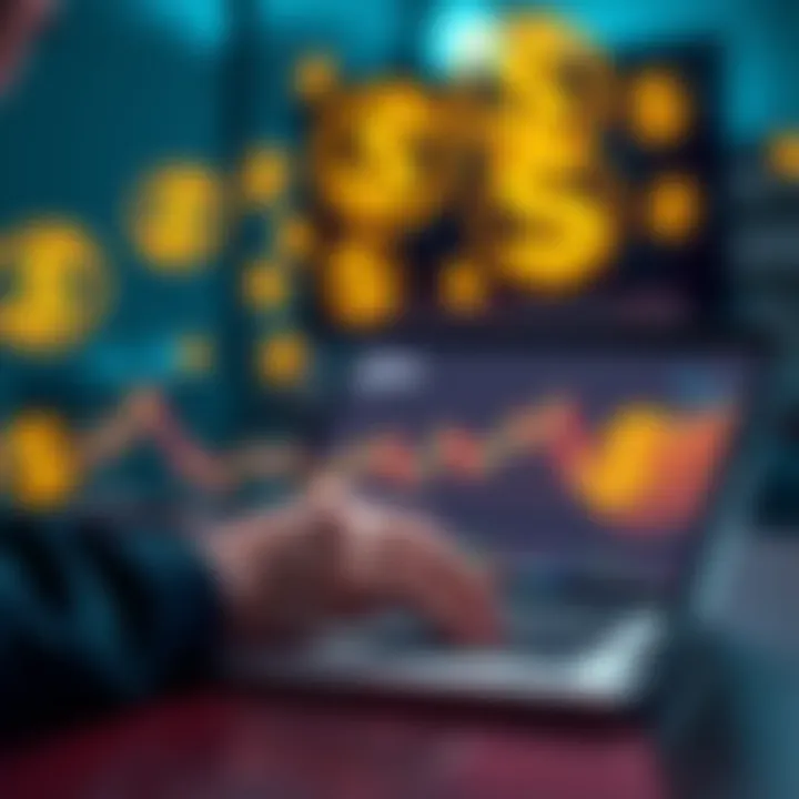 A person analyzing memecoin charts on a laptop with dollar signs and memecoin logos in the background.