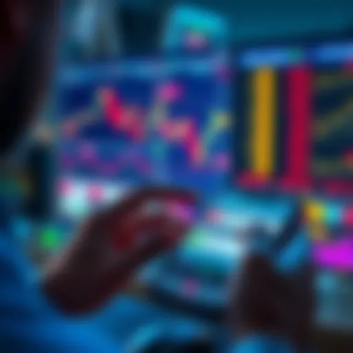 A person using a mobile device to trade on the Dreamcash platform, showing charts and trade options on the screen.