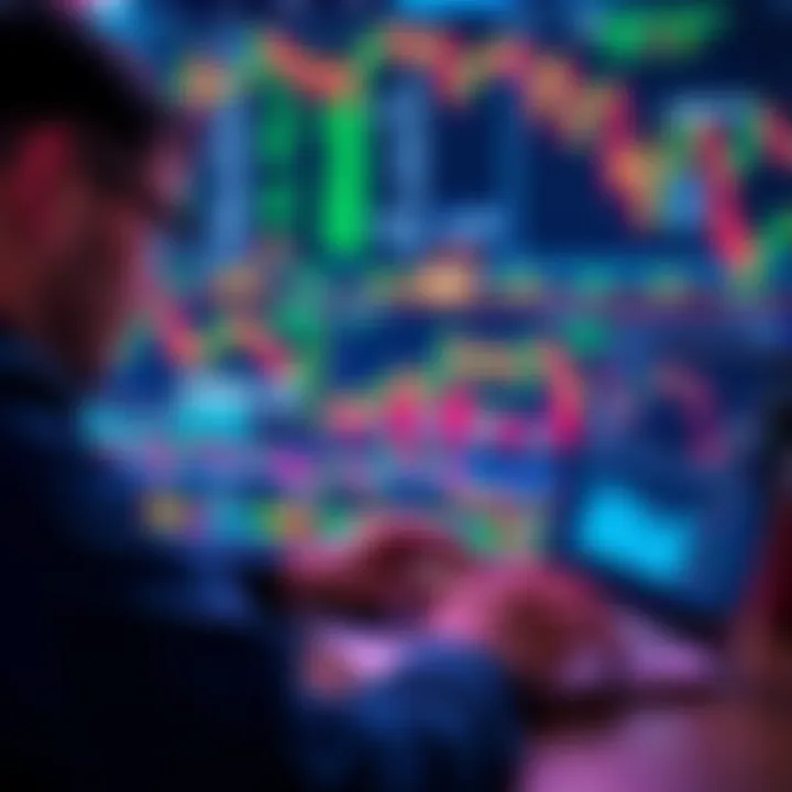 A user analyzing trading charts on the Iqcent platform with a laptop and financial graphs in the background