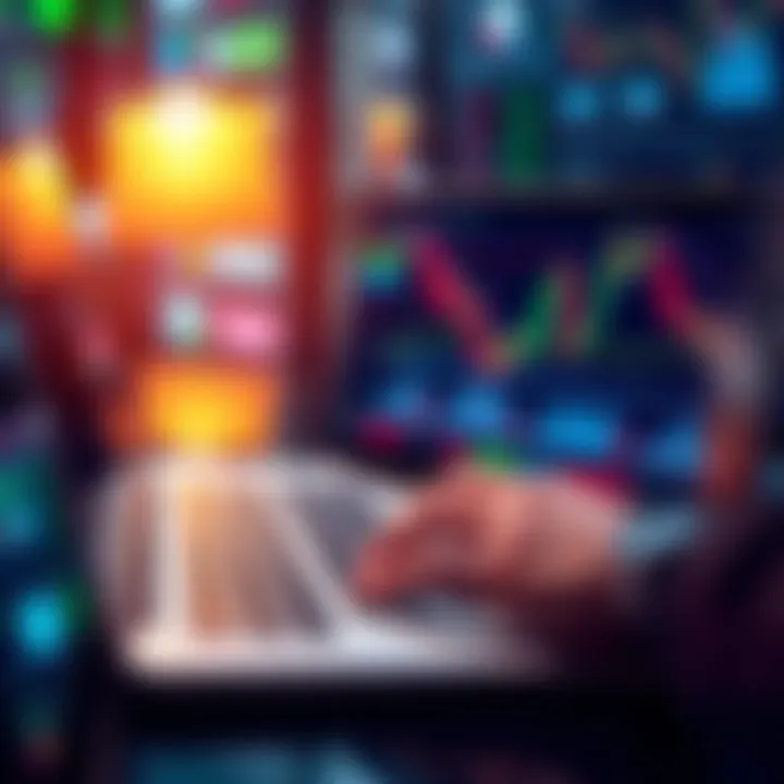 A close-up of a trader's hand using a laptop to analyze trading charts and data on a screen, representing the importance of a good trading platform.