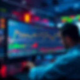 A split image showing a computer screen with paper trading charts on one side and a person making a real trade on the other side.