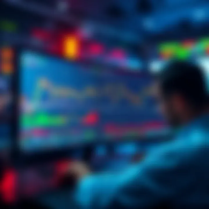 A split image showing a computer screen with paper trading charts on one side and a person making a real trade on the other side.