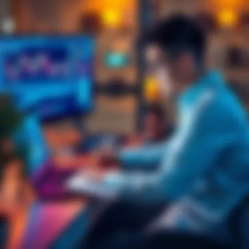 Trading Skills with AI Coaching A person sitting at a desk with a laptop and a journal, analyzing trading data with AI coaching support on the screen.