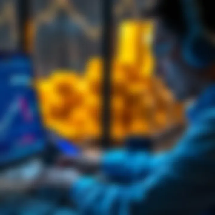 Trading Stocks and Gold with Crypto A person analyzing stock charts of AAPL and TSLA on a digital platform while gold bars are visible in the background.