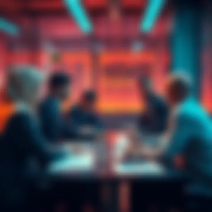 People engaged in a discussion about trading strategies and events for February 16, 2026, at a table with charts and notes.