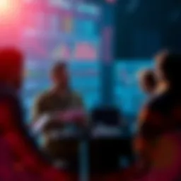 Group of people discussing trading strategies with charts and laptops