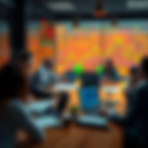 A group of people discussing trading strategies at a table with charts and laptops.