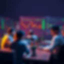 A group of people discussing trading ideas and strategies around a table with laptops and charts